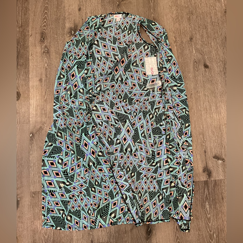 LuLaRoe Sleeveless Duster Cardigan Geometric Print Size S Long Open Front